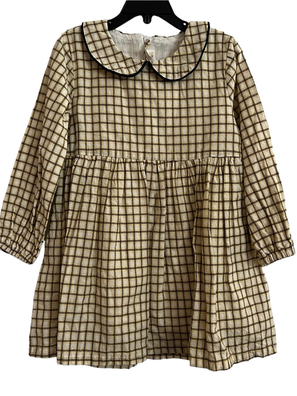 Cream and Brown Plaid Peter Pan Collar Dress with Black Trim